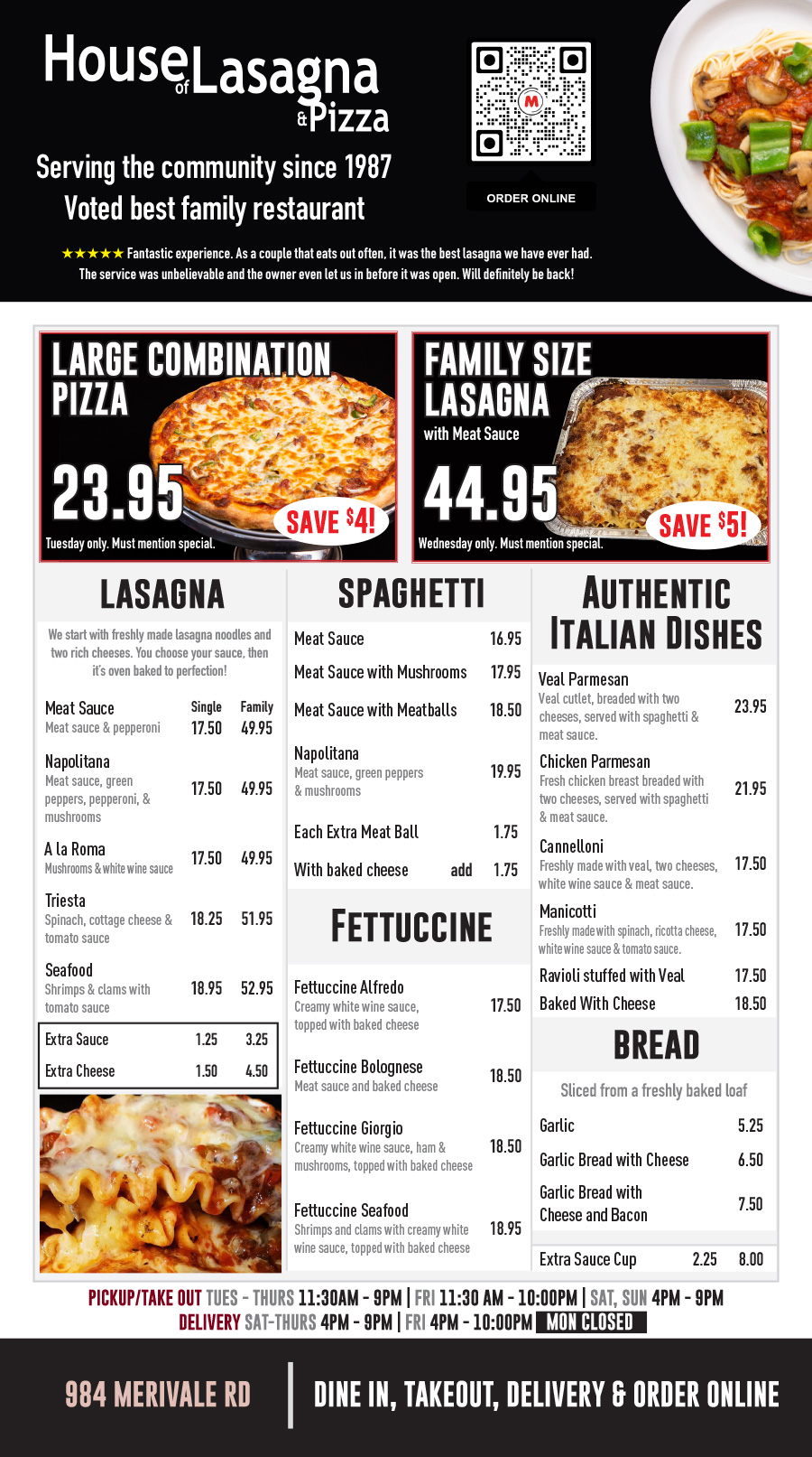 House of Lasagna Menu - Page 1